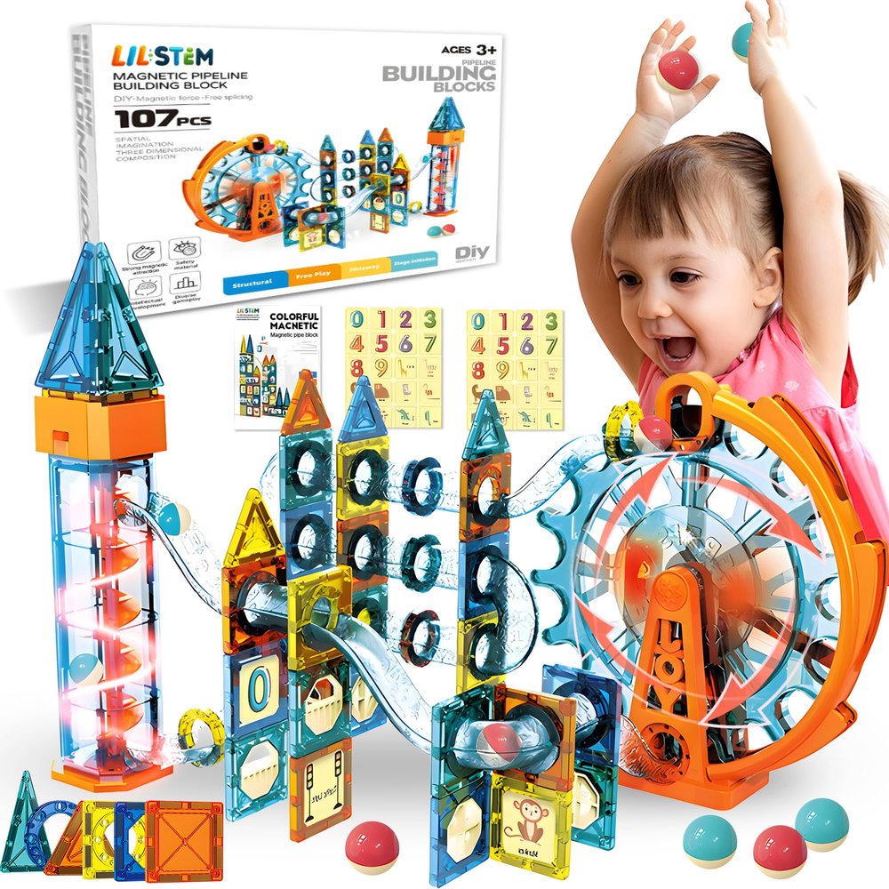 Motorized Marble Run Set  107-Piece Magnetic Tile Building Toy with Ferris Wheel & Elevator, STEM Marble Maze Game for Kids Ages 6-12, Educational Gift with Lights & Music