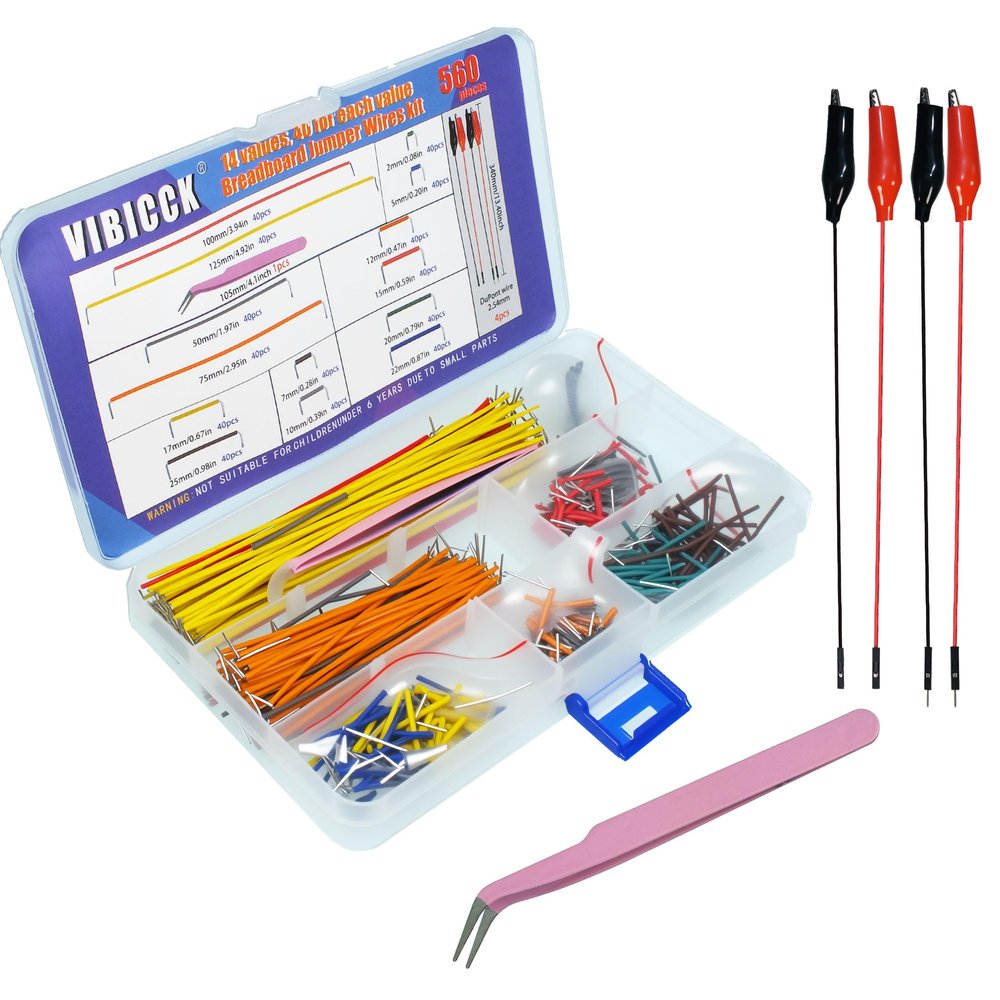 VIBICCK 14 Vaules 560 Pieces of solderless Flexible breadboard Connecting Wire, Cable breadboard Jumper kit 2-125mm (560pcs+65pcs+2pcs Crocodile Clips)