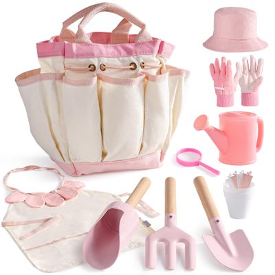 ROBOTIME Kids Gardening Set, 17PCS Kids Gardening Tools for Girls, Toddler Gardening Set with Hat, Apron, Gloves, Watering Can & Tool Bag Outdoor Garden Toy Kit (Pink)