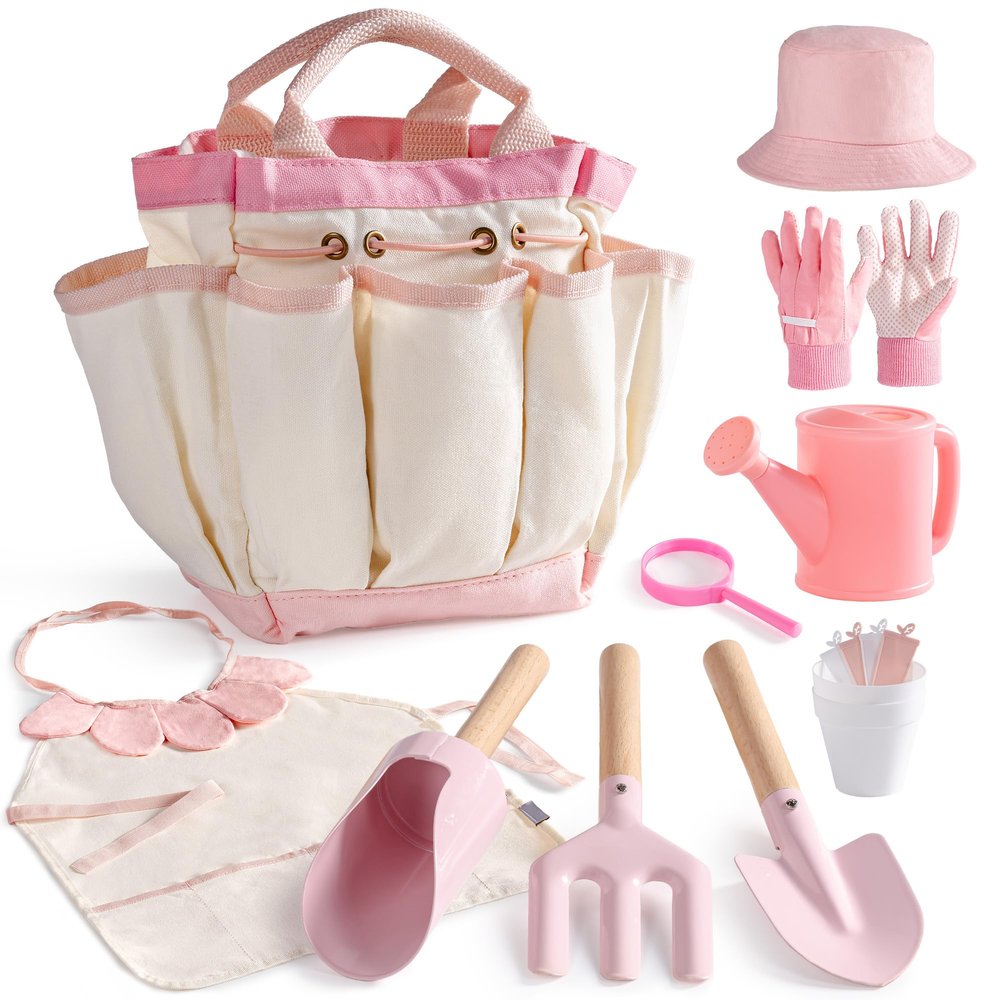 ROBOTIME Kids Gardening Set, 17PCS Kids Gardening Tools for Girls, Toddler Gardening Set with Hat, Apron, Gloves, Watering Can & Tool Bag  Outdoor Garden Toy Kit (Pink)
