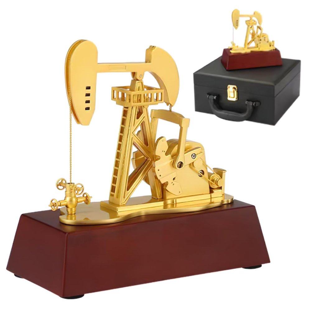 Electric Metal Oil Well Pump Jack Model, Industrial Desk Decor Golden Plated Finish & Red Wood Base,Science Eductional for Teens