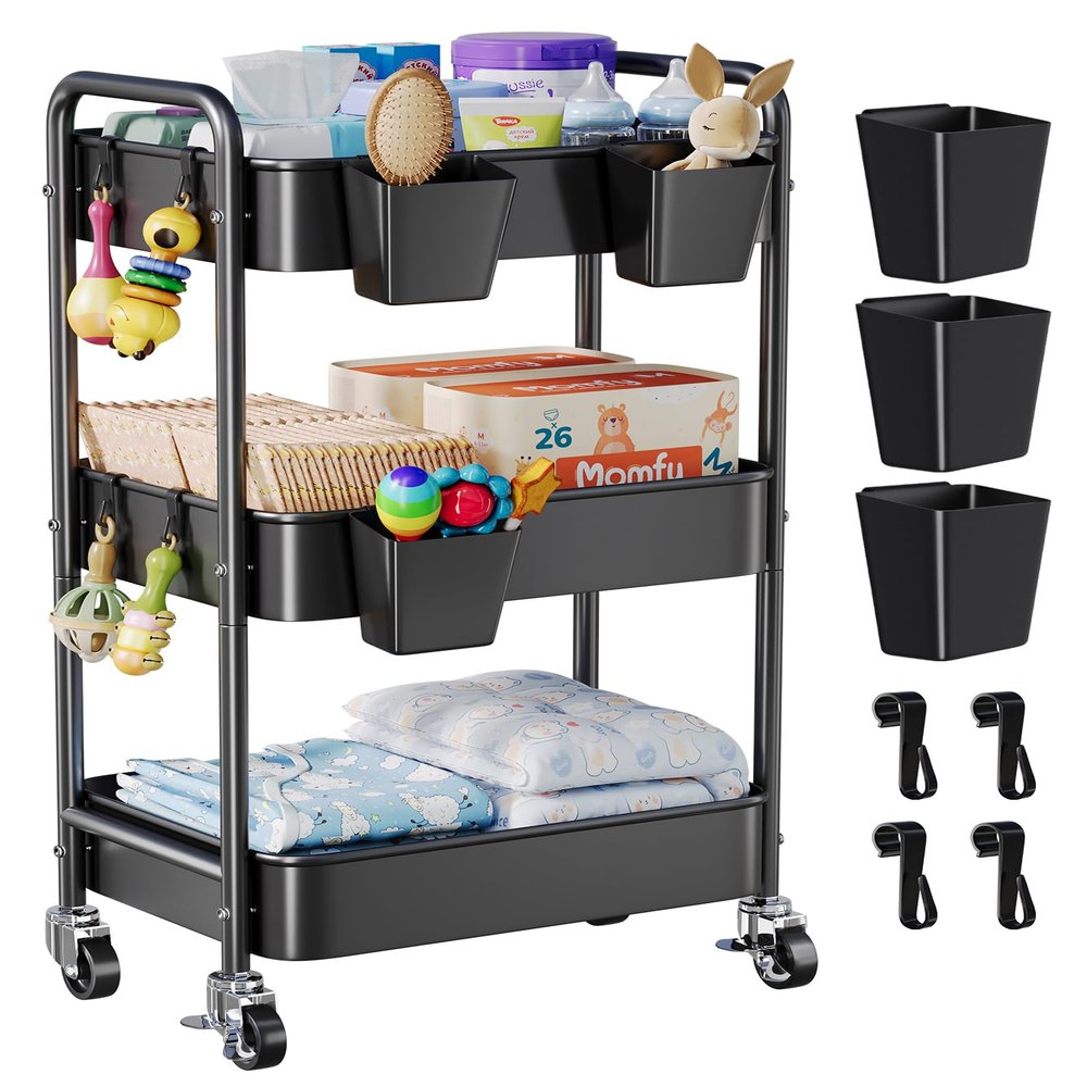 Baby Diaper Caddy Organizer and Storage, 3 Tier Rolling Cart with Wheels for Newborn Nursery Essentials, Baby Organizers for Changing Table, Crib, Bedroom, Movable Bedside Organizatio (Black)