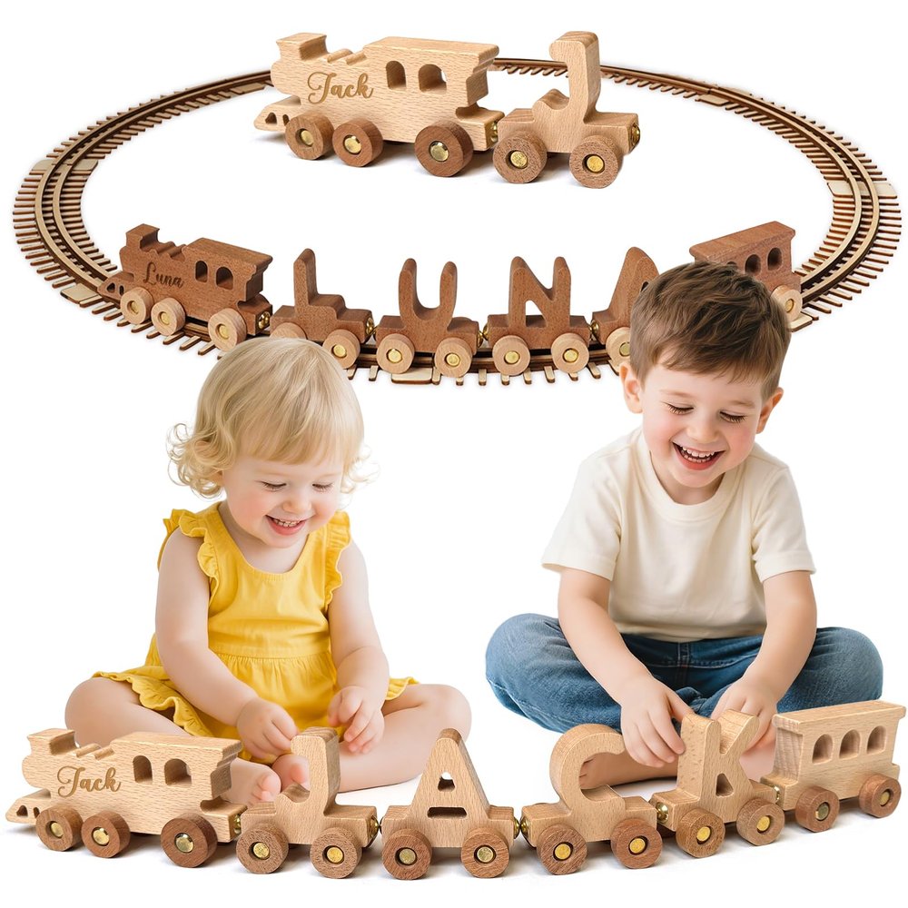 Woodemon Personalized Wooden Alphabet Train, Custom Magnetic Name Puzzle Educational Toy for Toddlers Ages 2-5, Birthday Christ mas Gifts
