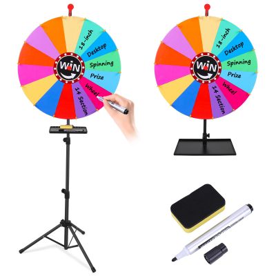 24-inch Prize Wheel, Adjustable 37"-65" Height Desktop & Floor Stand Spinning Prize Wheel, 14 Color Slots Raffle Wheel with Dry Erase Markers & Eraser for Suitable for Party, Carnivals and Tradeshow
