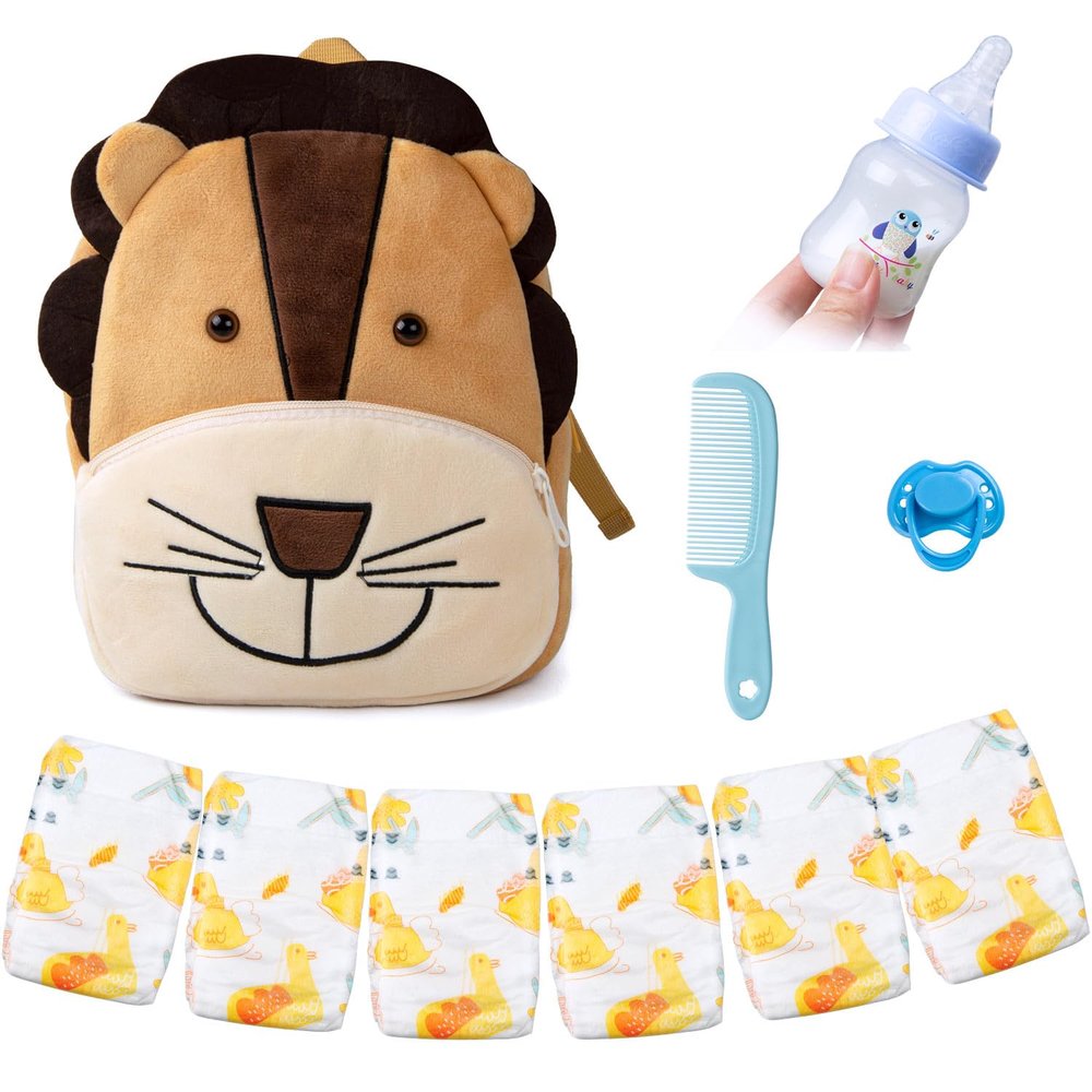 10 Pcs Reborn Baby Doll Diaper Bag Accessories Set for 17-22 Inch Baby Dolls with Diaper Backpack Feeding Set Blue Pacifier Bottle Comb Newborn Girl & Boy