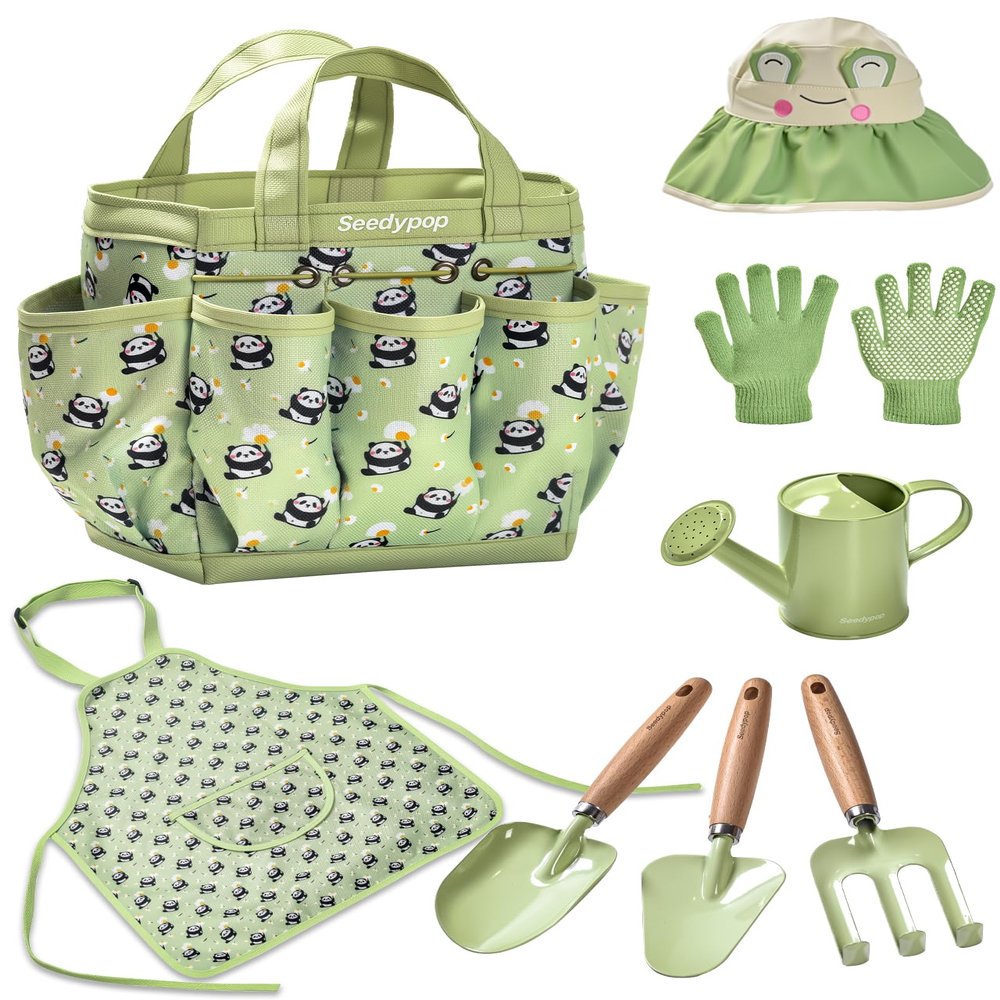 Seedypop Handmade Kids Gardening Tools Set - 8Pc Artisan Garden Kit with Real Wood Handles, Metal Heads, Frog Hat, Panda Apron & Tote - Nature Learning Gift for Toddlers & Kids (Sage Green)