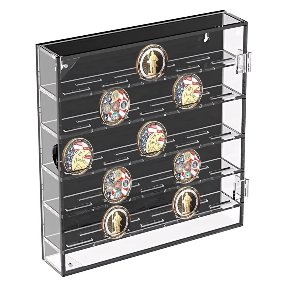 5-Tier Acrylic Coin Display Stand, Holds 45, Clear With Dustproof Door, 10.2 X 11.8 X 2 In