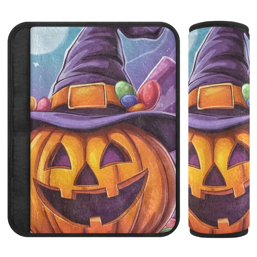 Car Seat Belt Covers 2 Pack Breathable Backpack Shoulder Strap Pad Cover for Adults and Kids M Witch Pumpkin and Candy
