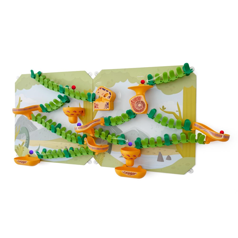 Oribel VertiPlay Magnetic Marble Run Dino Quest Edition with Stick-On Playboard | STEM Toy for Kids | Dinosaur-Themed Magnetic Track Building Set | Wall Toy for Creative & Screen-Free Play (100 pcs)