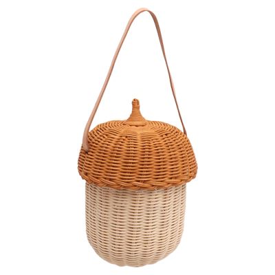 Kids Rattan Storage Basket, Acorn Shaped Bag Rattan Storage Basket Shoulder Crossbody Bag for Boys Girls Photography Props (Large Handbag)