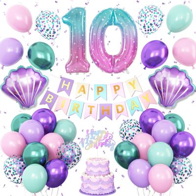 10th Mermaid Birthday Decoration,Metallic Purple Pink Green Blue Latex Balloons for Girls Party Decoration Number 10 Seashell Foil Balloons Banner Cake Topper Sea Decorations for 10 Year Old