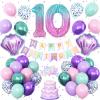 10th Mermaid Birthday Decoration,Metallic Purple Pink Green Blue Latex Balloons for Girls Party Decoration Number 10 Seashell Foil Balloons Banner Cake Topper Sea Decorations for 10 Year Old view 1