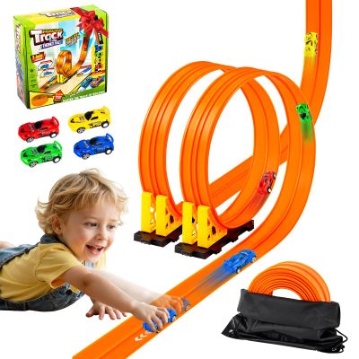 16.4 Ft Flexible Race Track for Kids Outdoor Toys Portable DIY Roll-Up Flex Race Car Track Compatible with Diecast 1/64th Cars Valentines Gifts Easter Basket Stuffers for Kids Boys Girls Ages 3+