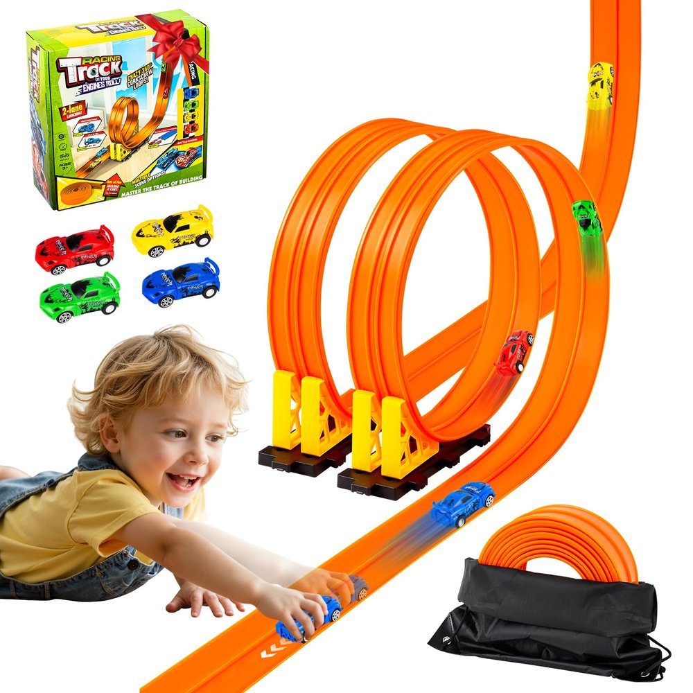 16.4 Ft Flexible Race Track for Kids Outdoor Toys Portable DIY Roll-Up Flex Race Car Track Compatible with Diecast 1/64th Cars Valentines Gifts Easter Basket Stuffers for Kids Boys Girls Ages 3+