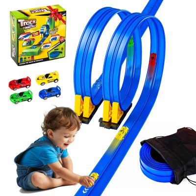 Flex Tracks 16.4 Ft Flexible Race Track for Kids Portable DIY Roll-Up Race Car Track Compatible with Diecast 1/64th Cars Valentines Gifts Easter Basket Stuffers for Kids for Boys Girls Ages 3+