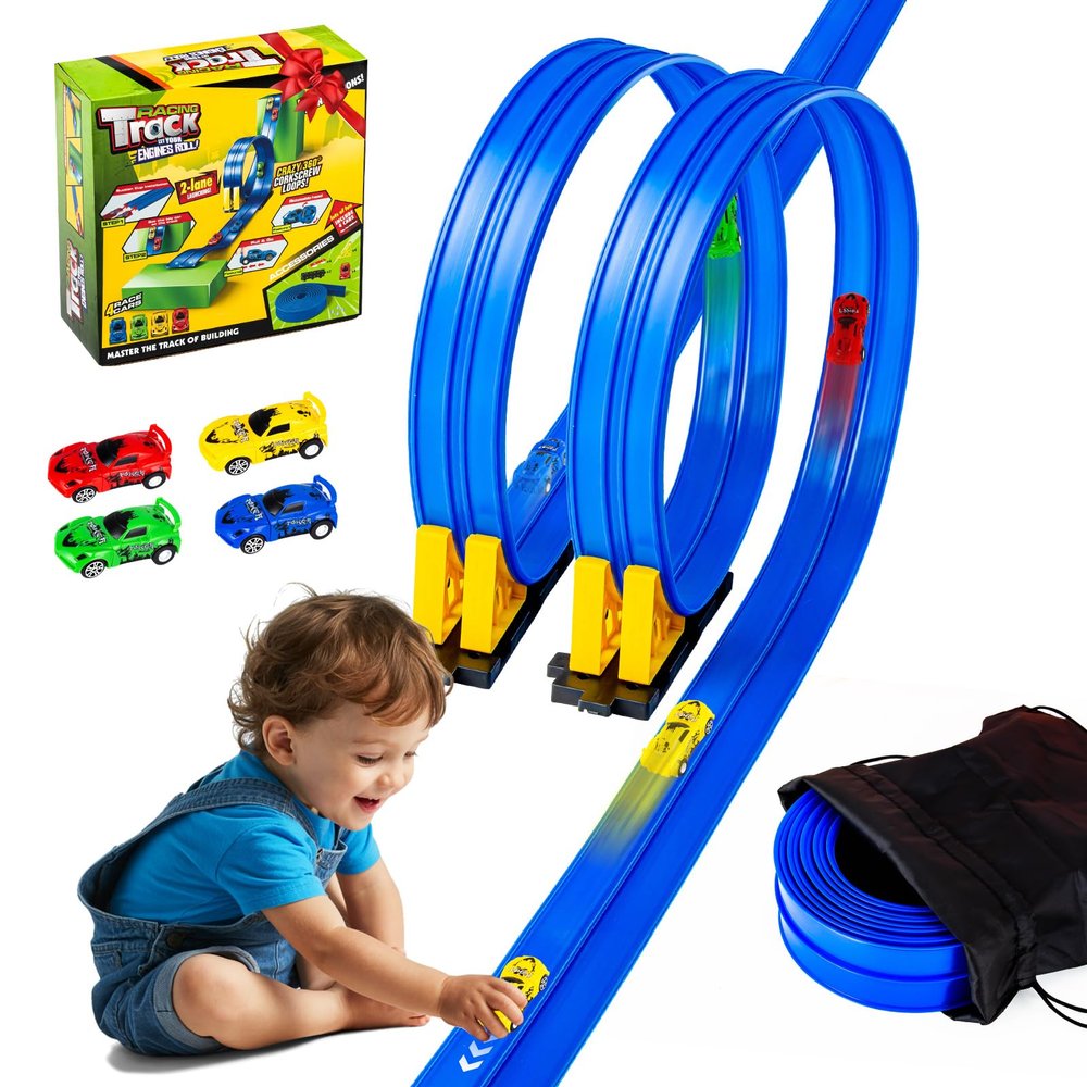 Flex Tracks 16.4 Ft Flexible Race Track for Kids Portable DIY Roll-Up Race Car Track Compatible with Diecast 1/64th Cars Valentines Gifts Easter Basket Stuffers for Kids for Boys Girls Ages 3+