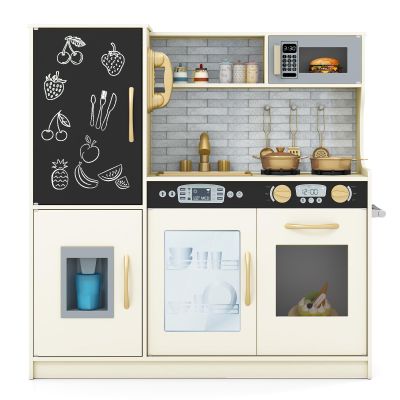 HONEY JOY Kids Kitchen Playset, Wooden Little Chef Pretend Toy Kitchen Set w/Chalkboard, Telephone, Utensils, Oven, Microwave, Sink, Storage, Play Kitchen for Toddlers Boys Girls, Cream