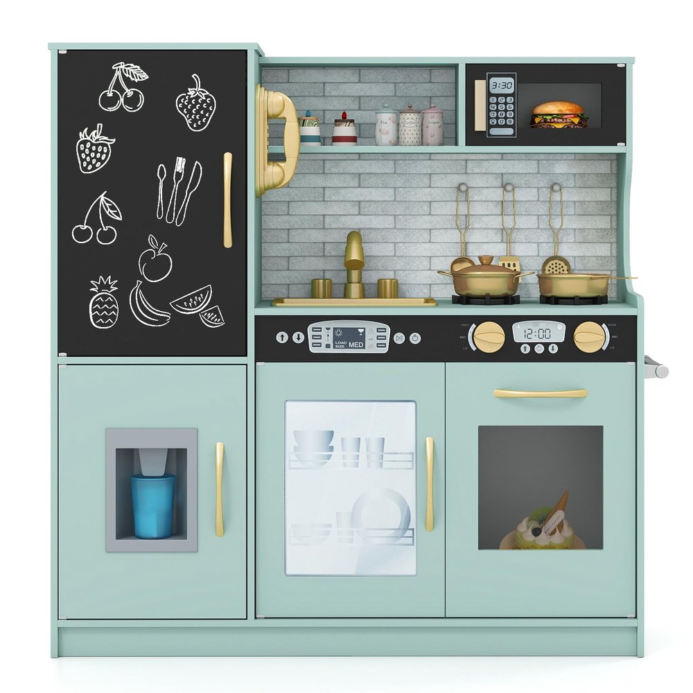 HONEY JOY Kids Kitchen Playset, Wooden Little Chef Pretend Toy Kitchen Set w/Chalkboard, Telephone, Utensils, Oven, Microwave, Sink, Storage, Play Kitchen for Toddlers Boys Girls, Green