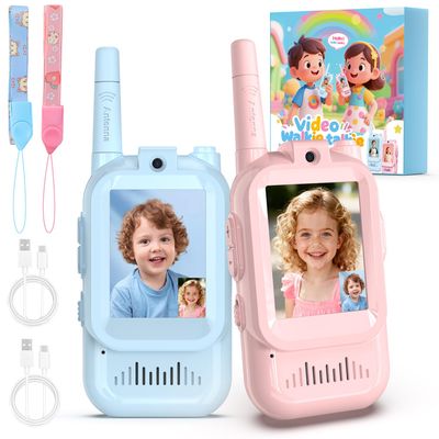 Video Walkie Talkies for Kids, 2 Pack Facetime Walkie Talkies with HD Camera & Voice Changer for Boys Girls for Family Games, Indoor, Outside, Hiking Christmas Birthday Toys Gift Ages 3-12 (Blue+Pink)