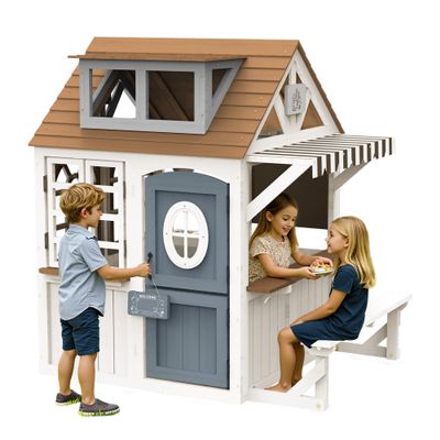 Albott Kids Outdoor Wooden Playhouse with Kitchen Set, Chalkboard, Durable Fir Wood Construction with Waterproof Roof & Rust-Resistant Hinges, Pretend Playhouse for 38 Years Old Boys & Girls