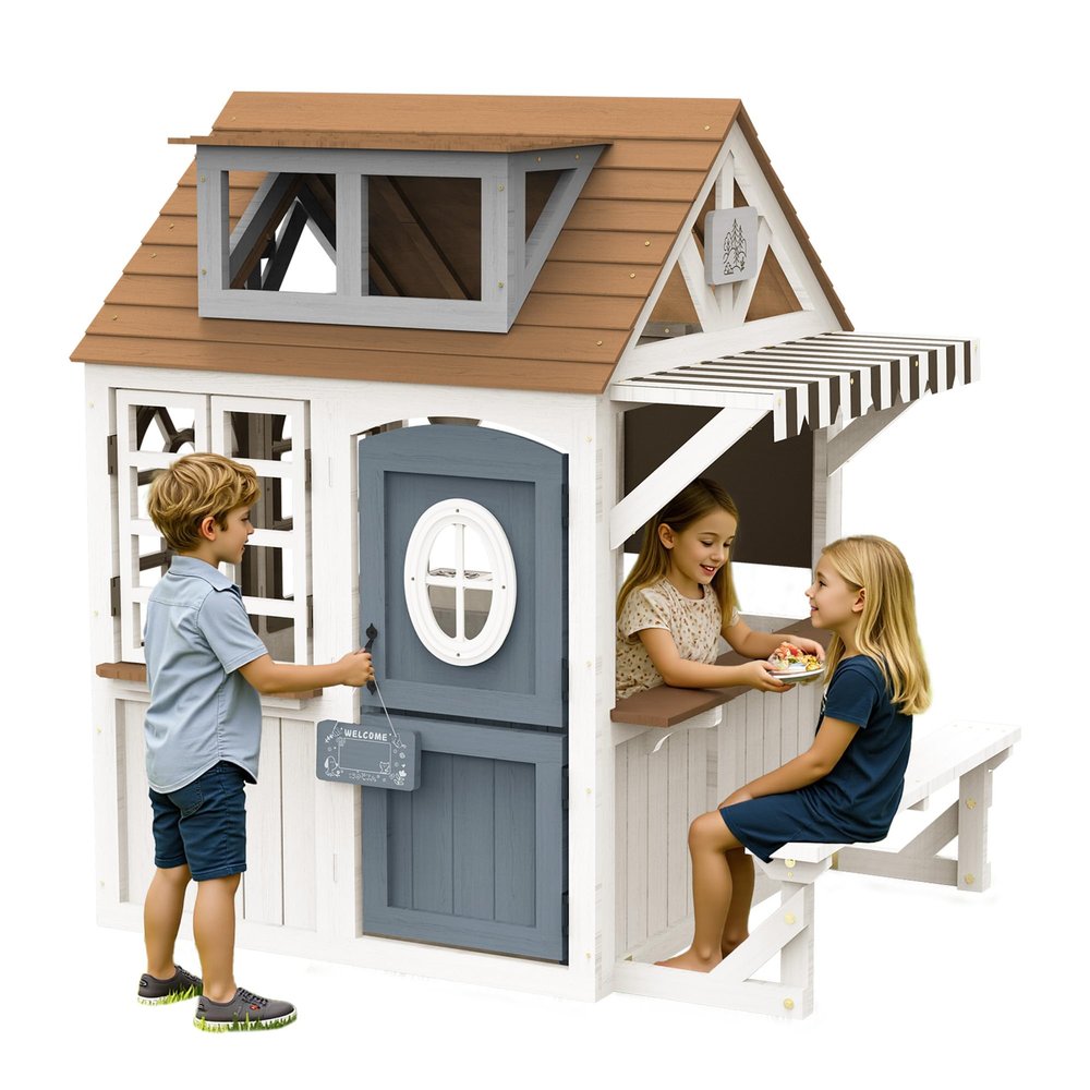 Albott Kids Outdoor Wooden Playhouse with Kitchen Set, Chalkboard, Durable Fir Wood Construction with Waterproof Roof & Rust-Resistant Hinges, Pretend Playhouse for 38 Years Old Boys & Girls