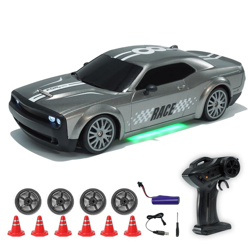 1:20 Scale 4WD High Speed RC Drift Car with LED Lights, 20KM/H Racing Model (FQD15 Silver Gray)