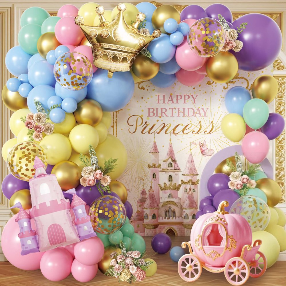 102pcs Princess Balloon Garland Arch Kit with Giant Pink Castle & Gold Crown Foil Balloons, 18/12/10/5 Inch Macaron Pastel Rainbow Latex for Girls Birthday, Fairytale Baby Shower
