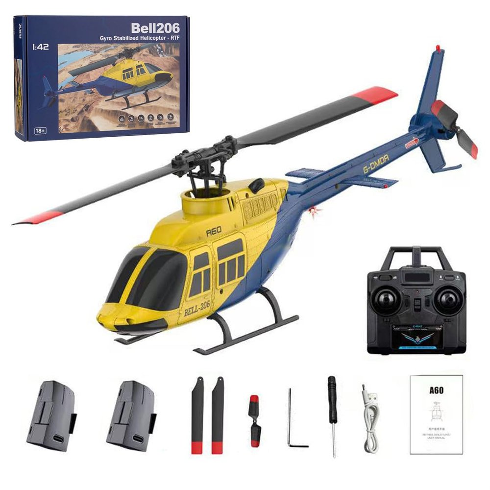 A60 1/42 206 90-Class RC Helicopter for Adults, 2.4G 4CH Flybarless Single-Rotor Remote Control Helicopter with Optical Flow Altitude Hold, RC Aircraft Model Toy Gift -RTF