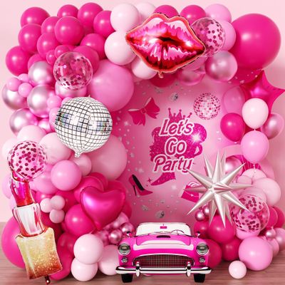 106pcs Hot Pink Balloon Garland Arch Kit with Giant Lipstick, Kiss Lips & Disco Ball Foil Balloons, 18/12/10/5 Inch Metallic Pink & Silver Star for Bachelorette, Galentine's, Fashion Doll Theme