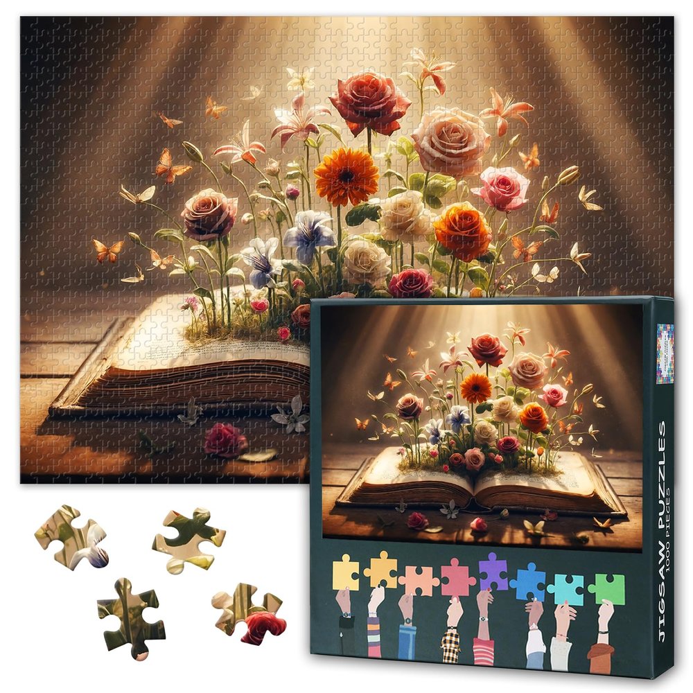 1000 Pieces Jigsaw Puzzle for Adults - an Open Book, Belicate Flowers Spread Between Pages 28x20 Inch Impossible Puzzle Parlour Games,Educational Jigsaw Puzzles