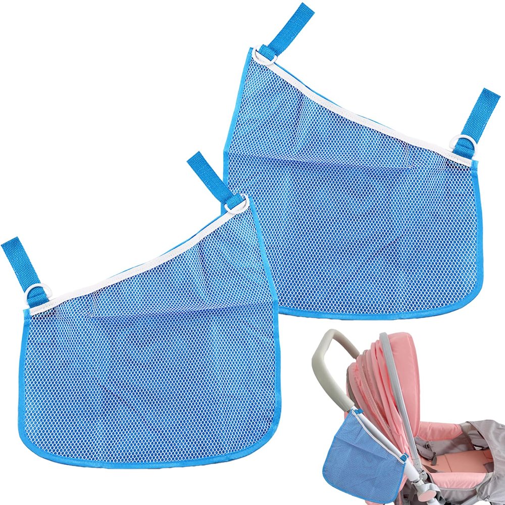 2PCS Universal Side Sling Stroller Cargo Net,Portable Storage Mesh Bag,Stroller Storage Organizer Bag,Non-Slip and Adjustable Straps Side Sling Mesh Organizer(Blue)