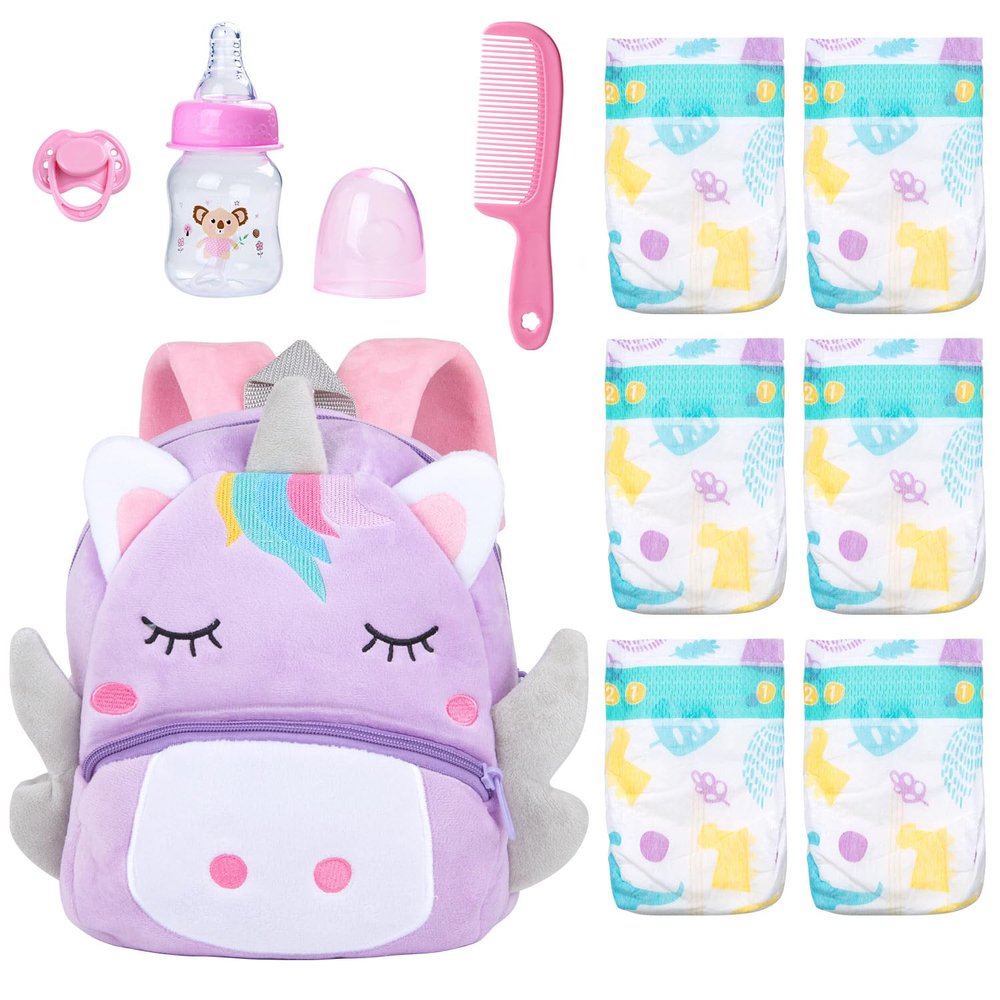 10 Pcs Reborn Baby Doll Diaper Bag Care and Feeding Set for 17-24 inches Reborn Dolls Newborn Baby Accessories with Unicorn Backpack Diapers Pacifier Bottle Comb
