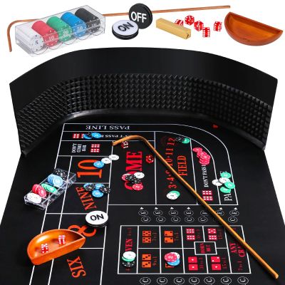 Proshine Craps Tabletop Game Set with 35 * 70" Rubber Craps Tabletop Mat, 48 * 11" Rubber Craps Diamond Pyramid Bumper, 36" Rattan Stick, Casino Grade 19mm Dice, On/Off Button & 100 pcs Chips (Black)