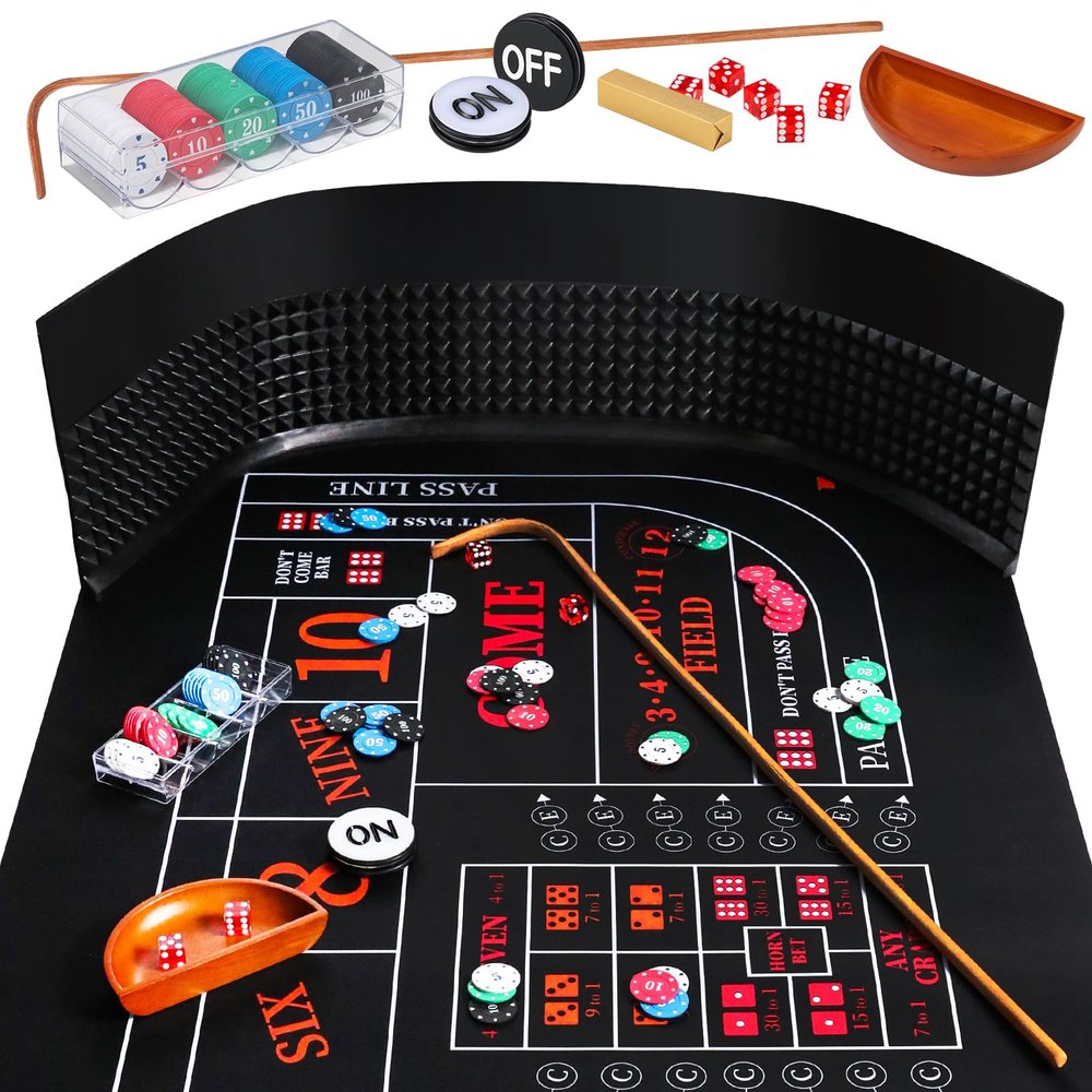 Proshine Craps Tabletop Game Set with 35 * 70" Rubber Craps Tabletop Mat, 48 * 11" Rubber Craps Diamond Pyramid Bumper, 36" Rattan Stick, Casino Grade 19mm Dice, On/Off Button & 100 pcs Chips (Black)