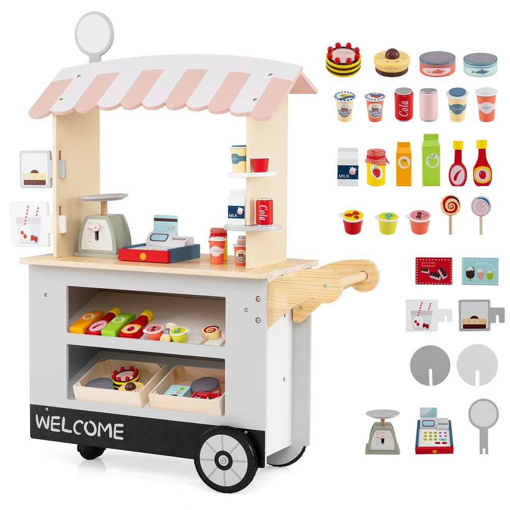 HONEY JOY Kids Food Cart, 30-Piece Toddler Pretend Play Grocery Store Playset w/Cash Register & Scale, Wooden Dessert Shop Play Market, Children Beverage Stand Cart w/Wheels, Gift for Boys Girls