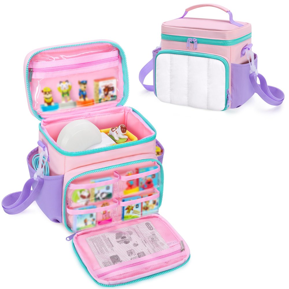 LoDrid Carrying Case Compatible with Little Tikes Story Dream Machine Books Starter Set, Lightweight Fluffy Travel Storage Bag with Multiple Pockets for Projector, Storybook/Character, Pink, Bag Only