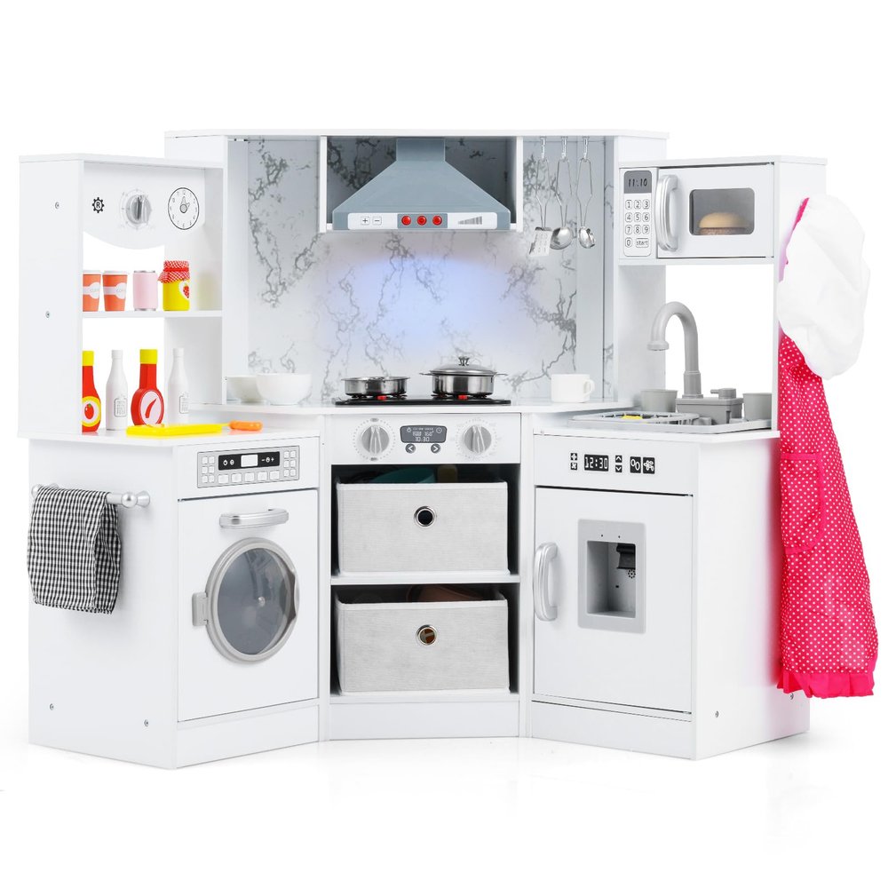 HONEY JOY Corner Kids Kitchen Playset, Wooden Play Kitchen for Toddlers, Range Hood, Water Circulation, Water Dispenser, Storage Box, Little Chef Pretend Toy Kitchen Set w/Lights & Sounds, White