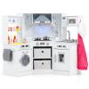 HONEY JOY Corner Kids Kitchen Playset, Wooden Play Kitchen for Toddlers, Range Hood, Water Circulation, Water Dispenser, Storage Box, Little Chef Pretend Toy Kitchen Set w/Lights & Sounds, White view 1