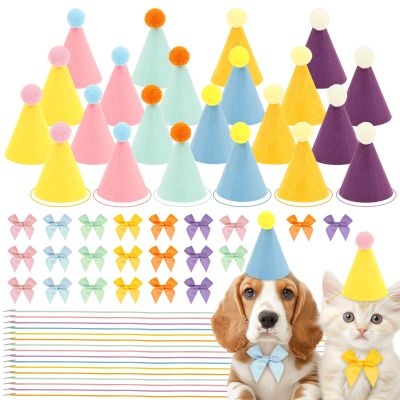 24 Pcs Mini Party Hat for Stuffed Animals, Birthday Party Cone Hats with Bows and Elastic Strings for Dolls Dog Cat Rabbit Puppies Assorted Animal Birthday Decorations