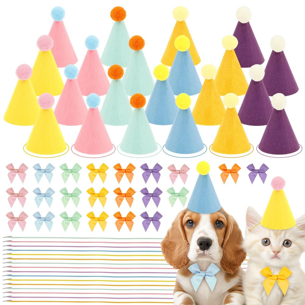 24 Pcs Mini Party Hat for Stuffed Animals, Birthday Party Cone Hats with Bows and Elastic Strings for Dolls Dog Cat Rabbit Puppies Assorted Animal Birthday Decorations