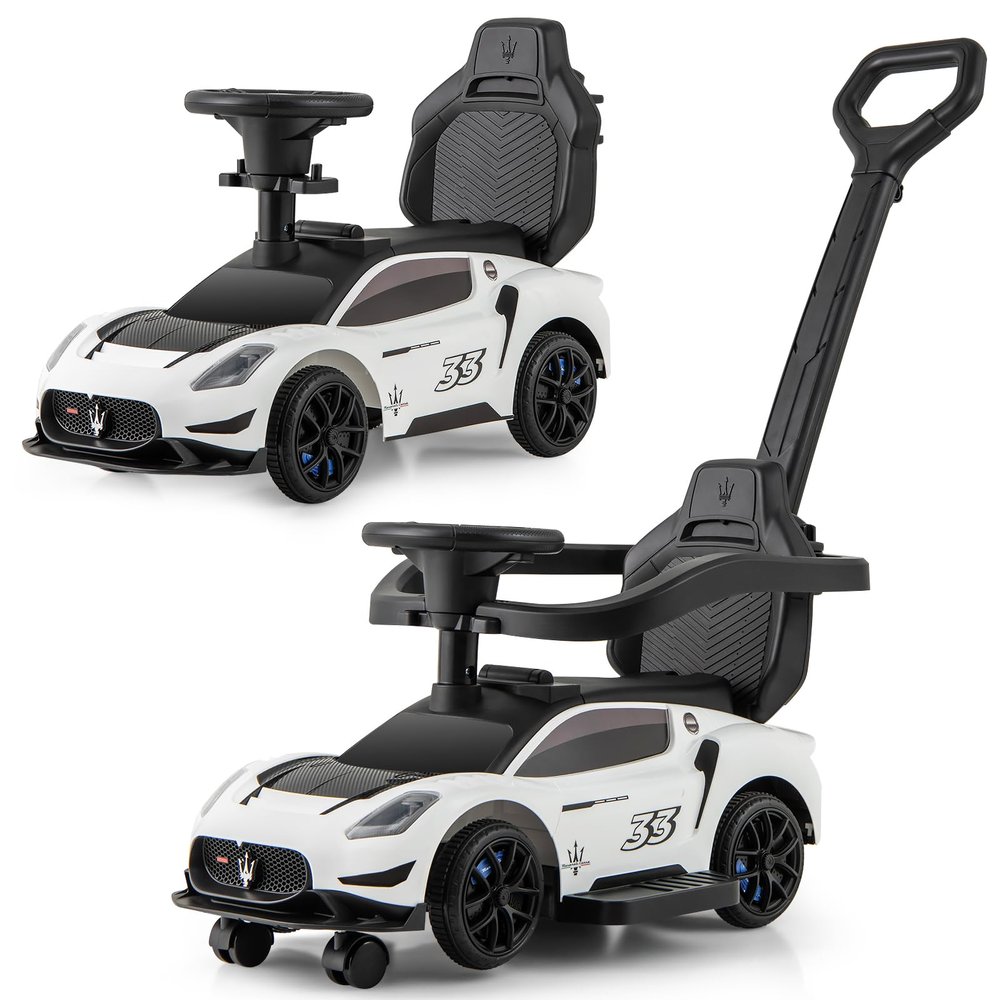 Costzon Push Car for Toddlers, 3 in 1 Licensed Maserati Stroller Sliding Walking Car with Handle, Guardrail, Under Seat Storage, Horn & Music, Foot to Floor Kids Ride On Toys for Boys Girls (White)