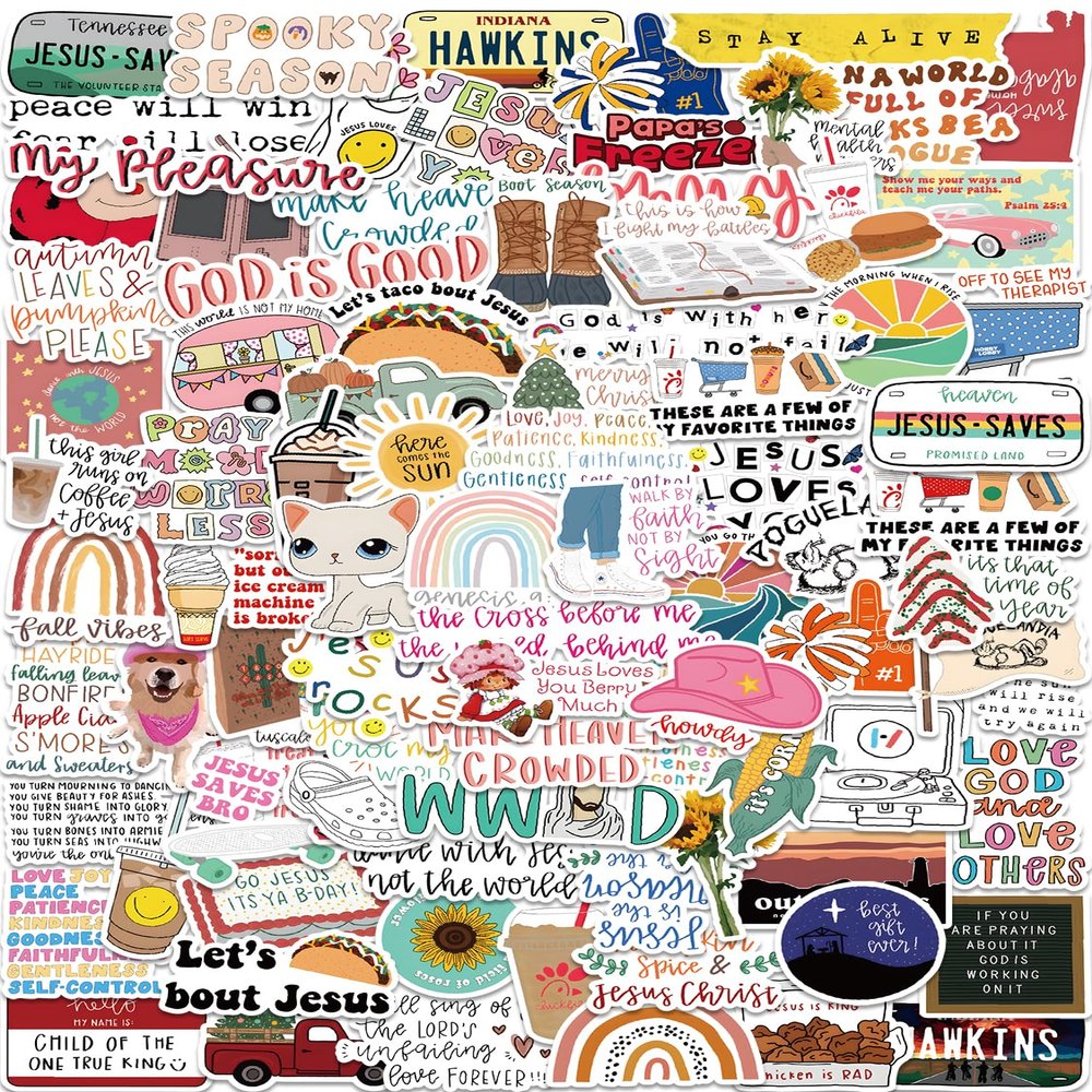 100 Christian Aesthetic Stickers for Water Bottles & Laptops  100 Unique Glossy Waterproof Vinyl Faith Quotes & Cute Icons (Bible-Inspired, Boho Pastel, 24.3 in / 511 cm)