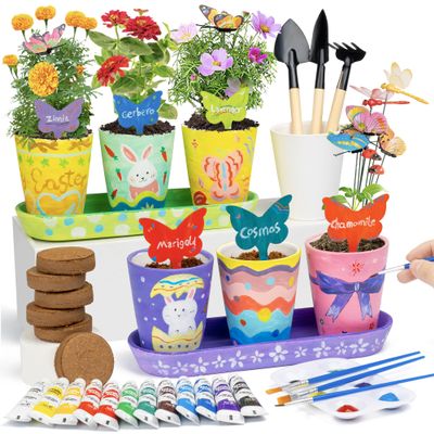 RGBDOT Kids Gardening Kit with Paintable Ceramic Flower Pots - DIY Arts and Crafts Gifts for Girls Ages 6-10 - Fun Indoor Activity Toys & Christmas Birthday Gift for Kids Home Decor (6-Set)