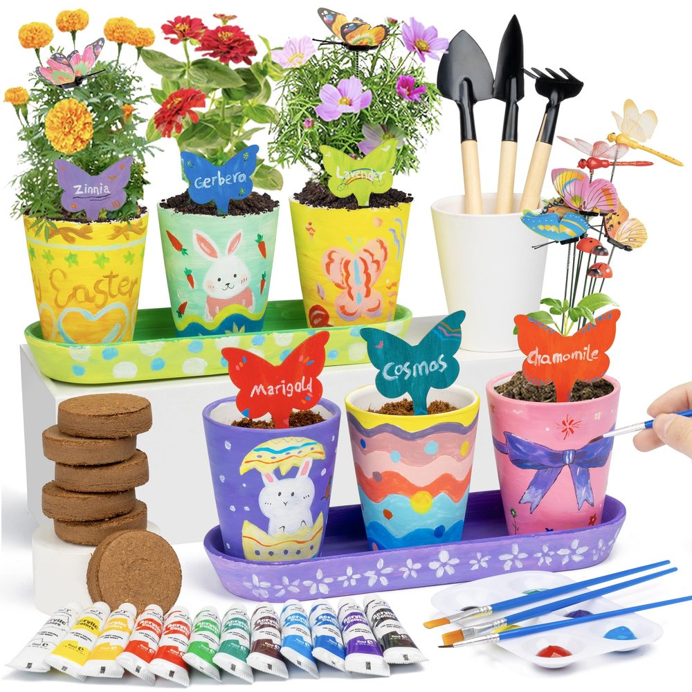 RGBDOT Kids Gardening Kit with Paintable Ceramic Flower Pots - DIY Arts and Crafts Gifts for Girls Ages 6-10 - Fun Indoor Activity Toys & Christmas Birthday Gift for Kids Home Decor (6-Set)