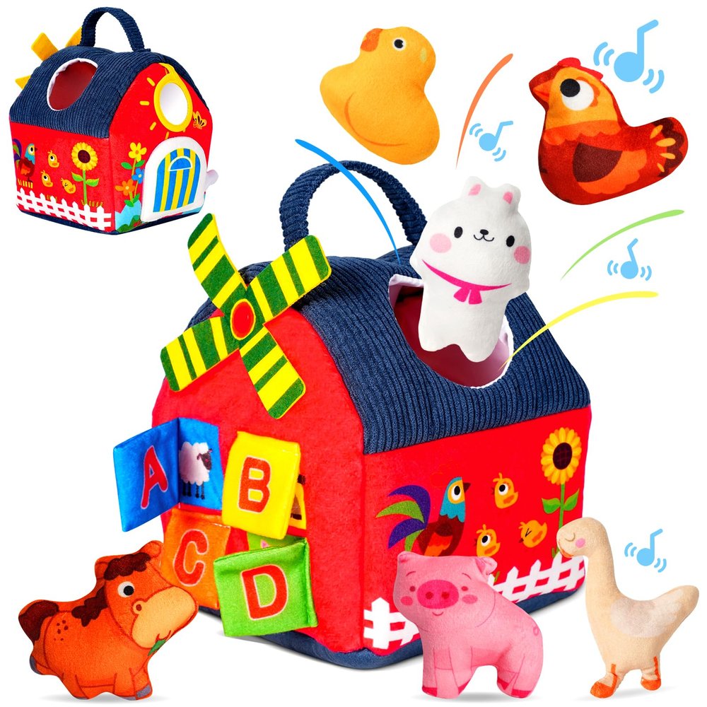 Momibeni Baby Toys 6-12 Months, Soft Barn Stuffed Farm Animals, Rattle and Portable Baby Farmhouse Toy, Farm Animals for Toddlers 1-3 Gifts Christmas Baby Stocking Stuffed