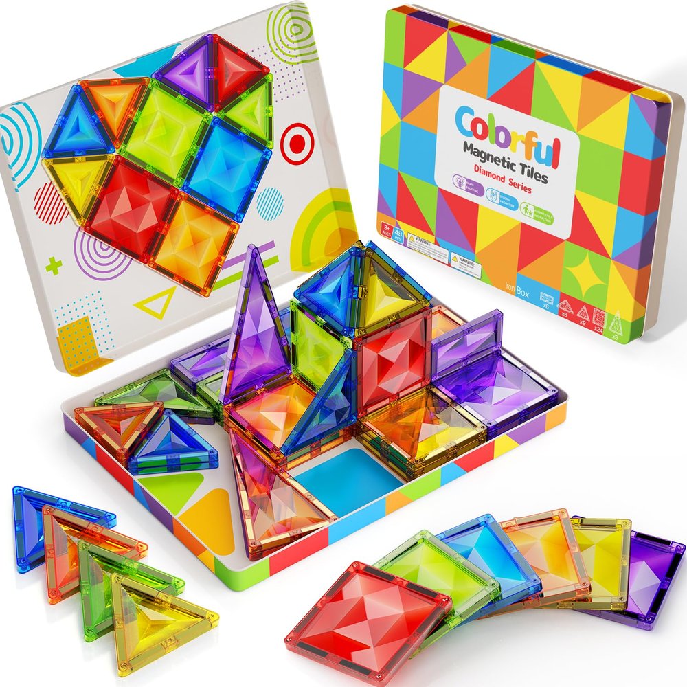 48pcs Magnetic Tiles Diamond Series - Premium Metal Tin Box Storage Gift Set - 3D STEM Building Blocks for Kids Toddlers 3+ - Strong Magnets, Compatible with Major Brands, Travel Friendly Case