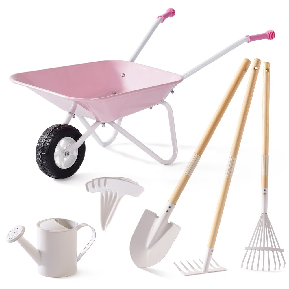 ROBOTIME Kids Wheelbarrow with Gardening Set  Metal Wheelbarrow Toddler Outdoor Play Toy with Garden Tools, Watering Can & Plant Labels, Pretend Play Yard Equipment for Boys and Girls (Pink)