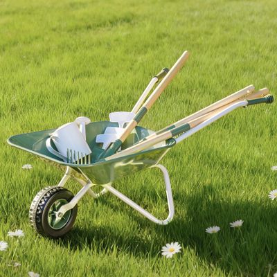 ROBOTIME Kids Wheelbarrow with Gardening Set Metal Wheelbarrow Toddler Outdoor Play Toy with Garden Tools, Watering Can & Plant Labels, Pretend Play Yard Equipment for Boys and Girls (Green)