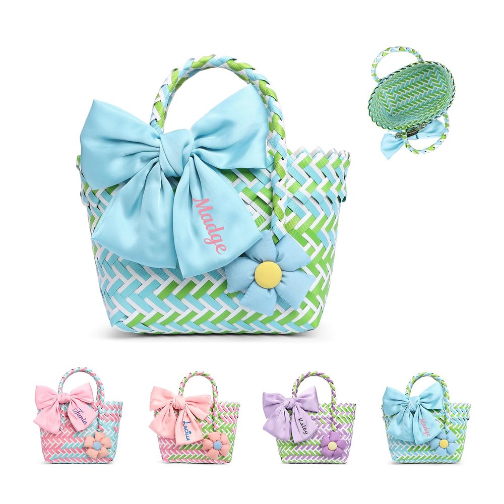 Personalized Woven Tote Basket with Name Custom Mini Handbag for Girls, Bowknot Gift Basket for Easter Egg Hunt Birthday, Blue, Large