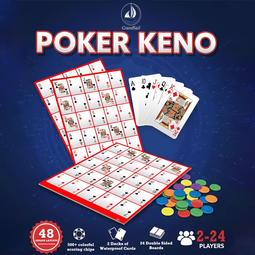 GrandSail Poker Keno Game Set with Cards and Chips,24 Two-Sided Boards, 500+ Chips,2 Deck of Waterproof Poker Cards,Poker Bingo Set Keno Board Game for Gathering Activity Family Casino Night